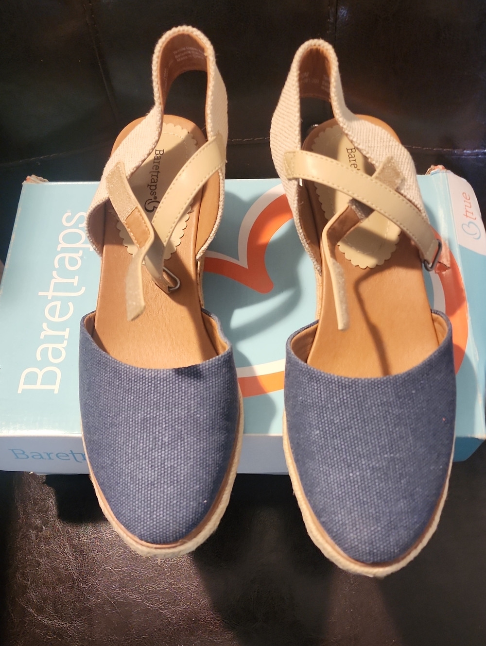 BareTraps Blue Canvas and Cream Slingback Espadrille Wedges